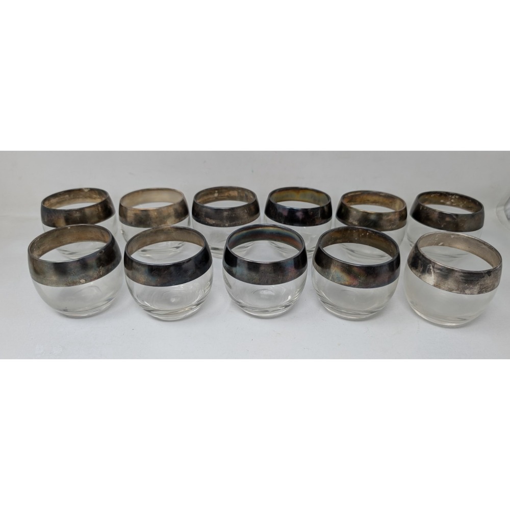Mid century modern Dorothy Thorpe Roly Poly glass w/wide silver band Set Of 11